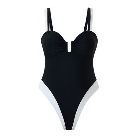 2025 New Sexy  Black Color Block One-Piece Swimsuit with White Trim | Lily's Summer
